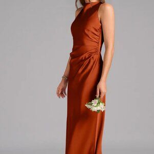 Azazie Evadne Paprika Sheath Pleated Stretch Satin Dress